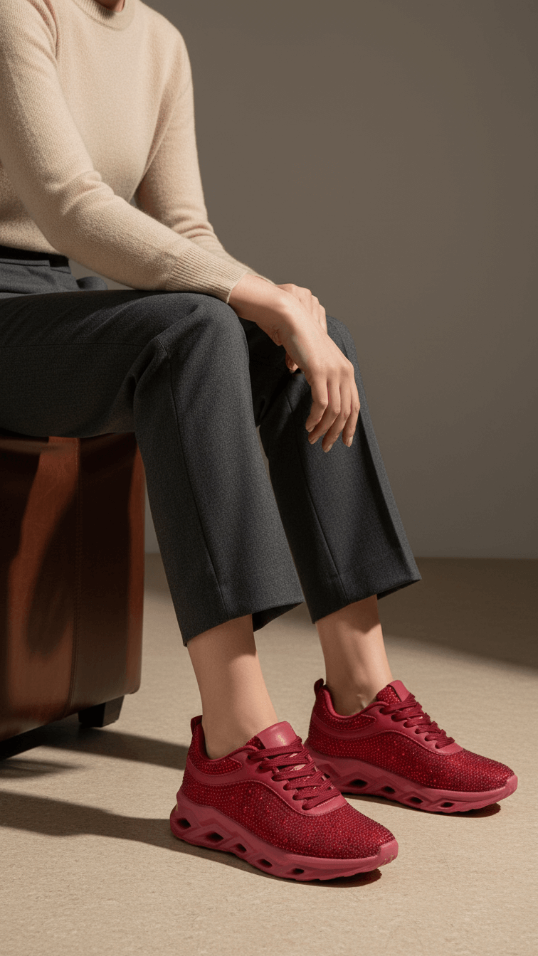 Maroon Rhinestone Casual Sneakers for Ladies