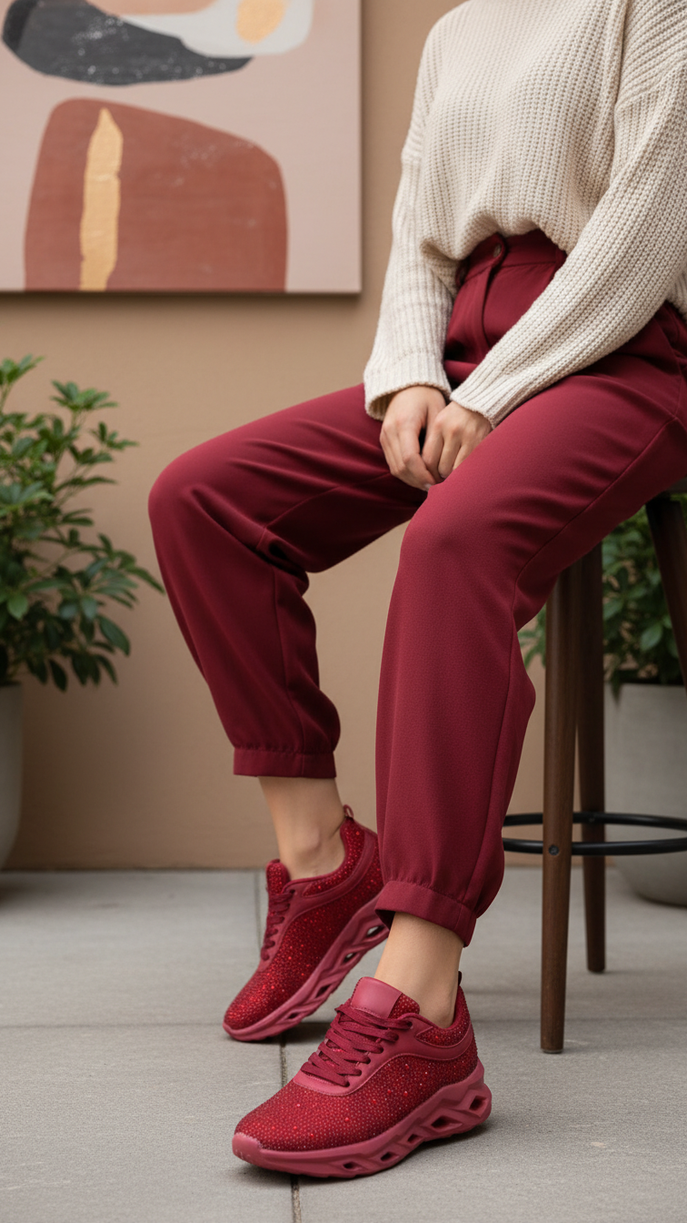 Maroon Rhinestone Casual Sneakers for Ladies
