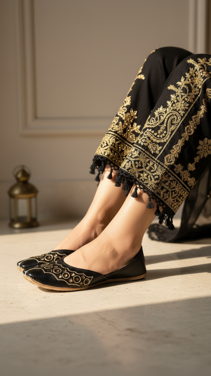 Black Leather Khussa For Women EC8668