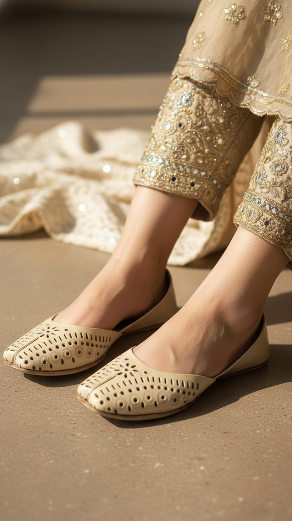 Beige Leather Khussa For Ladies EC8670