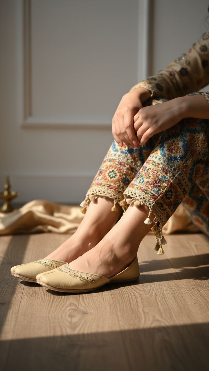 Beige Leather Khussa For Women EC8671