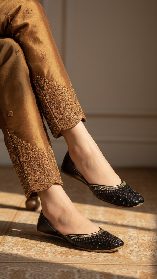 Black Leather Khussa For Women EC8674