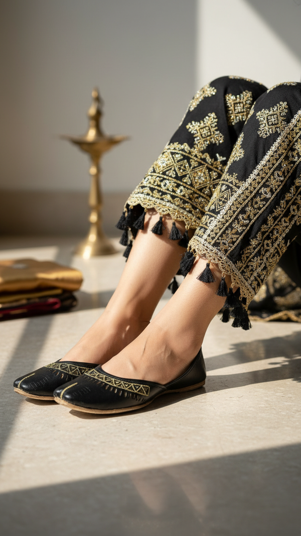 Black Leather Khussa For Women EC8675