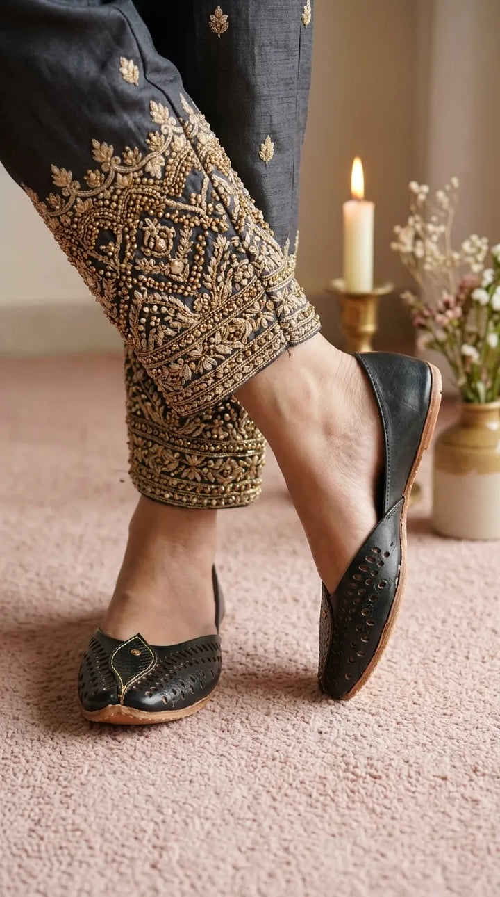 Black Leather Khussa For Women EC8680