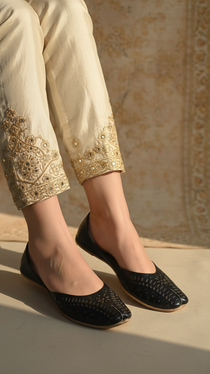 Black Leather Khussa For Women EC8680