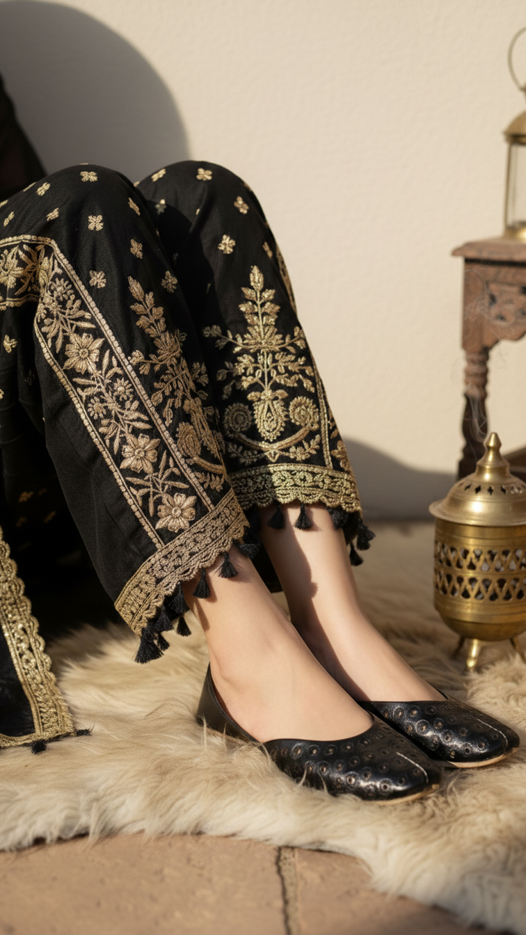 Black Leather Khussa For Women EC8682