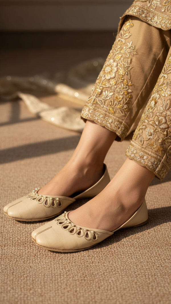 Beige Leather Khussa For Women EC8693