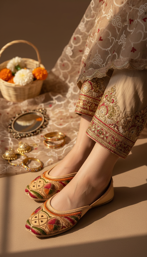 Beige Leather Khussa For Women EC8703