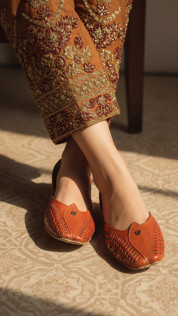 Orange Leather Khussa For Women EC8710