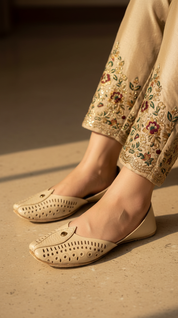 Beige Leather Khussa For Women EC8710