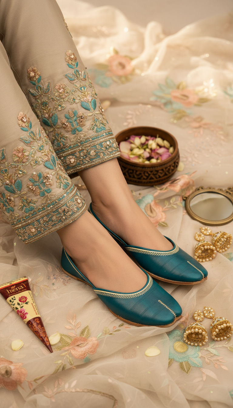 Seagreen Leather Khussa For Women EC8712