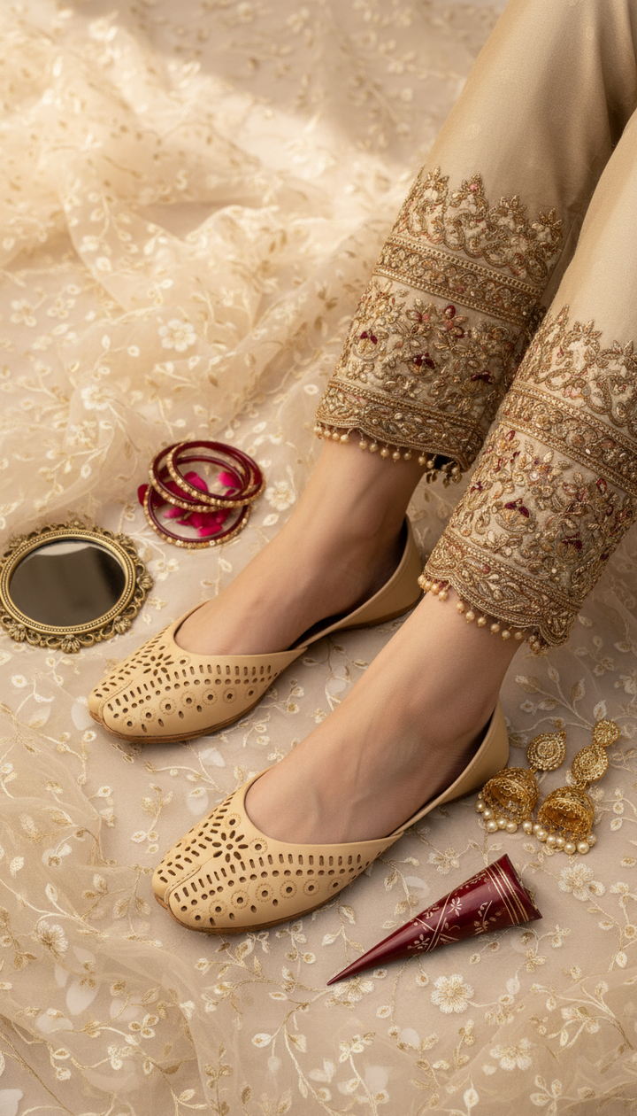 Beige Leather Khussa For Women EC8713