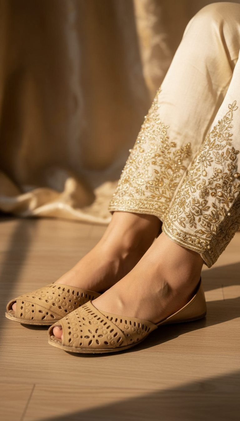 Beige Leather Khussa For Women EC8714