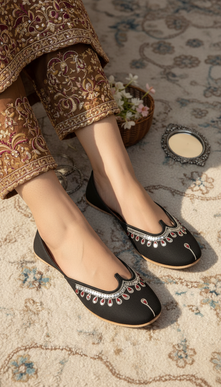 Black Leather Khussa For Women EC8759