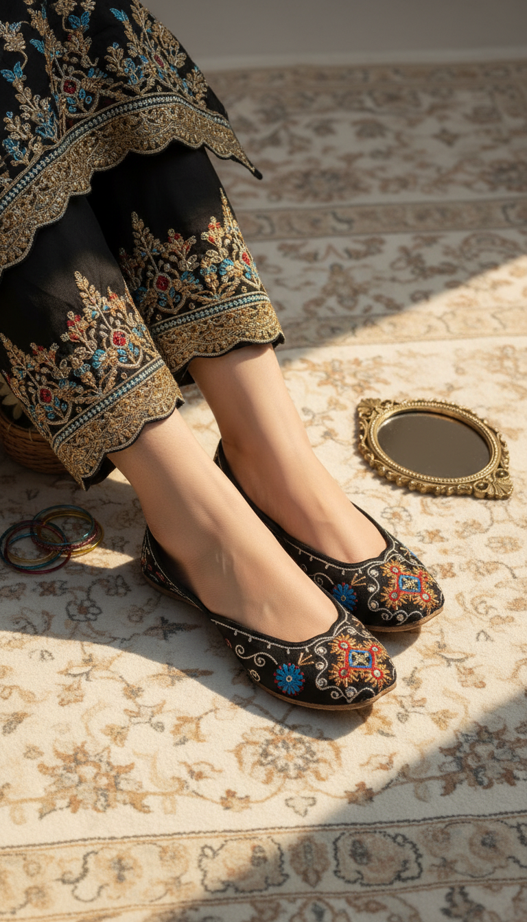 Black Leather Khussa For Women EC8763