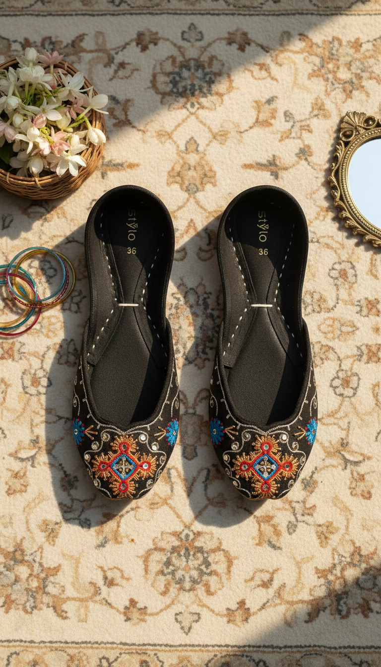 Black Leather Khussa For Women EC8763