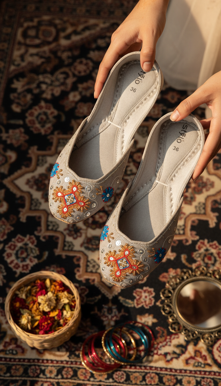 Grey Leather Khussa For Women EC8763