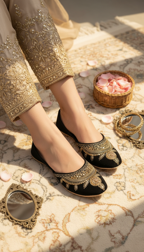 Black Leather Khussa For Women EC8765