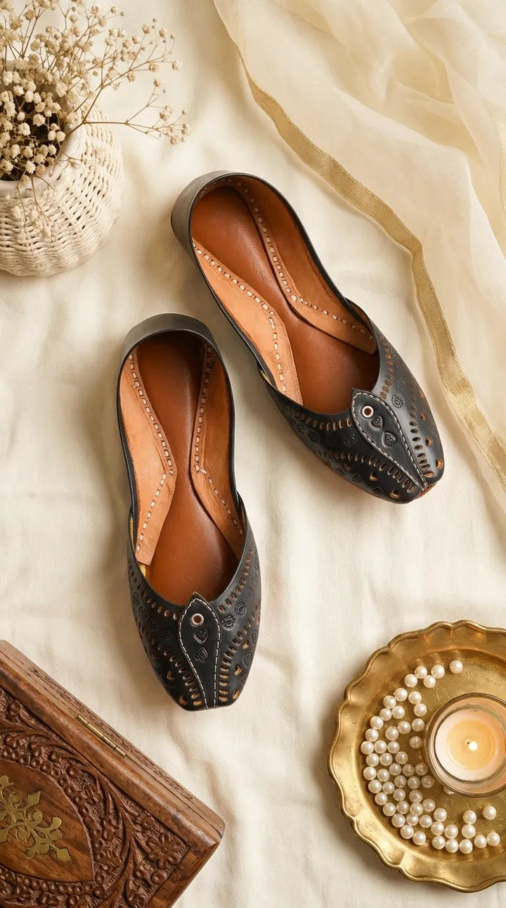 Black Leather Khussa For Women EC8865