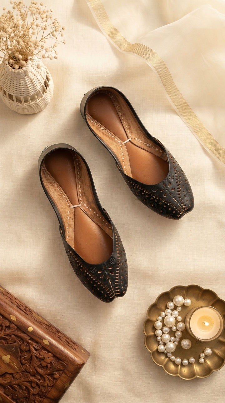 Black Leather Khussa For Women EC8878