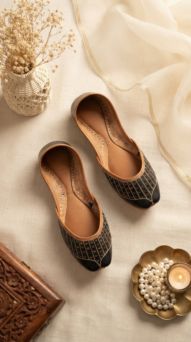 Black Leather Khussa For Women EC8879