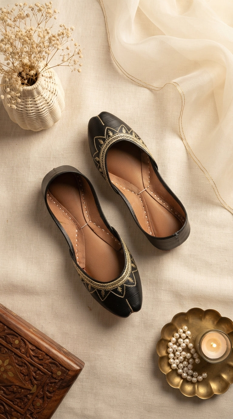 Black Leather Khussa For Women EC8880