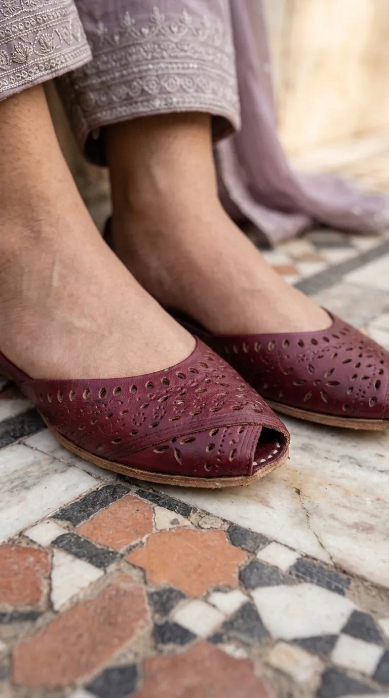 Maroon Leather Khussa For Ladies EC8927