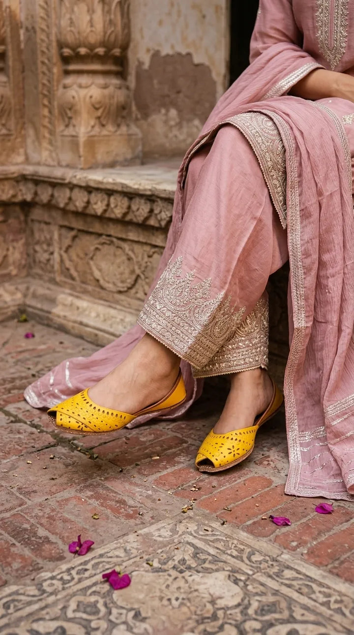 Yellow Leather Khussa For Ladies EC8929