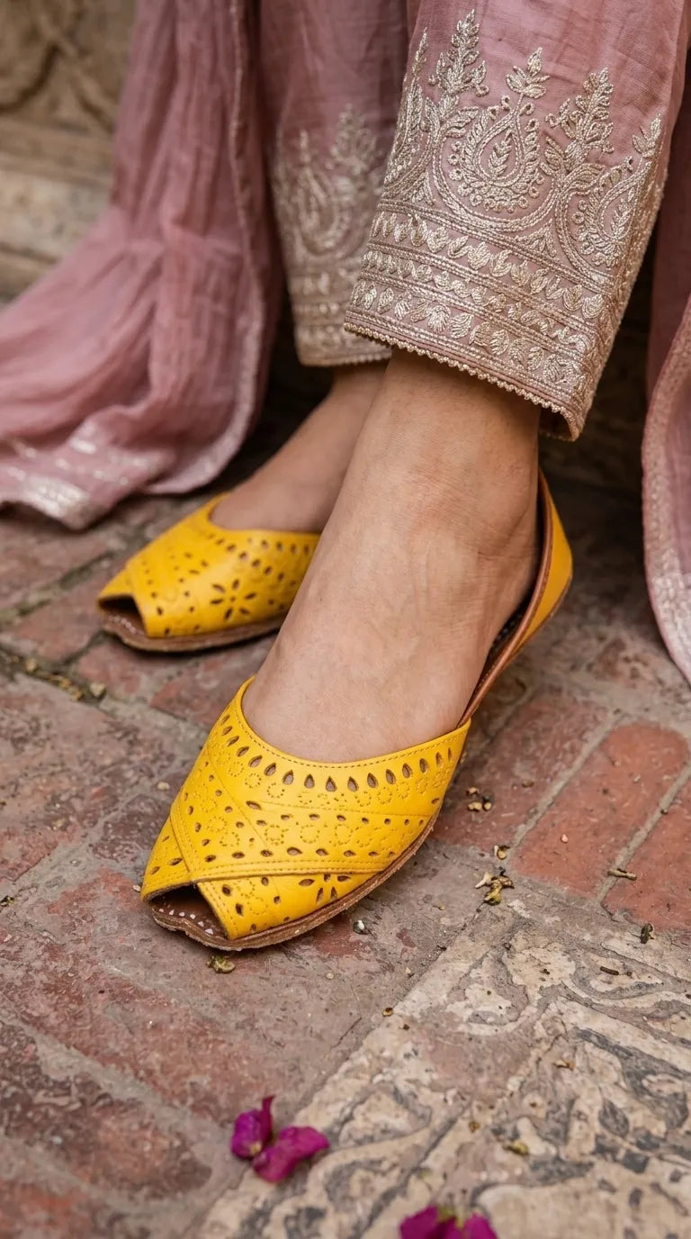 Yellow Leather Khussa For Ladies EC8929