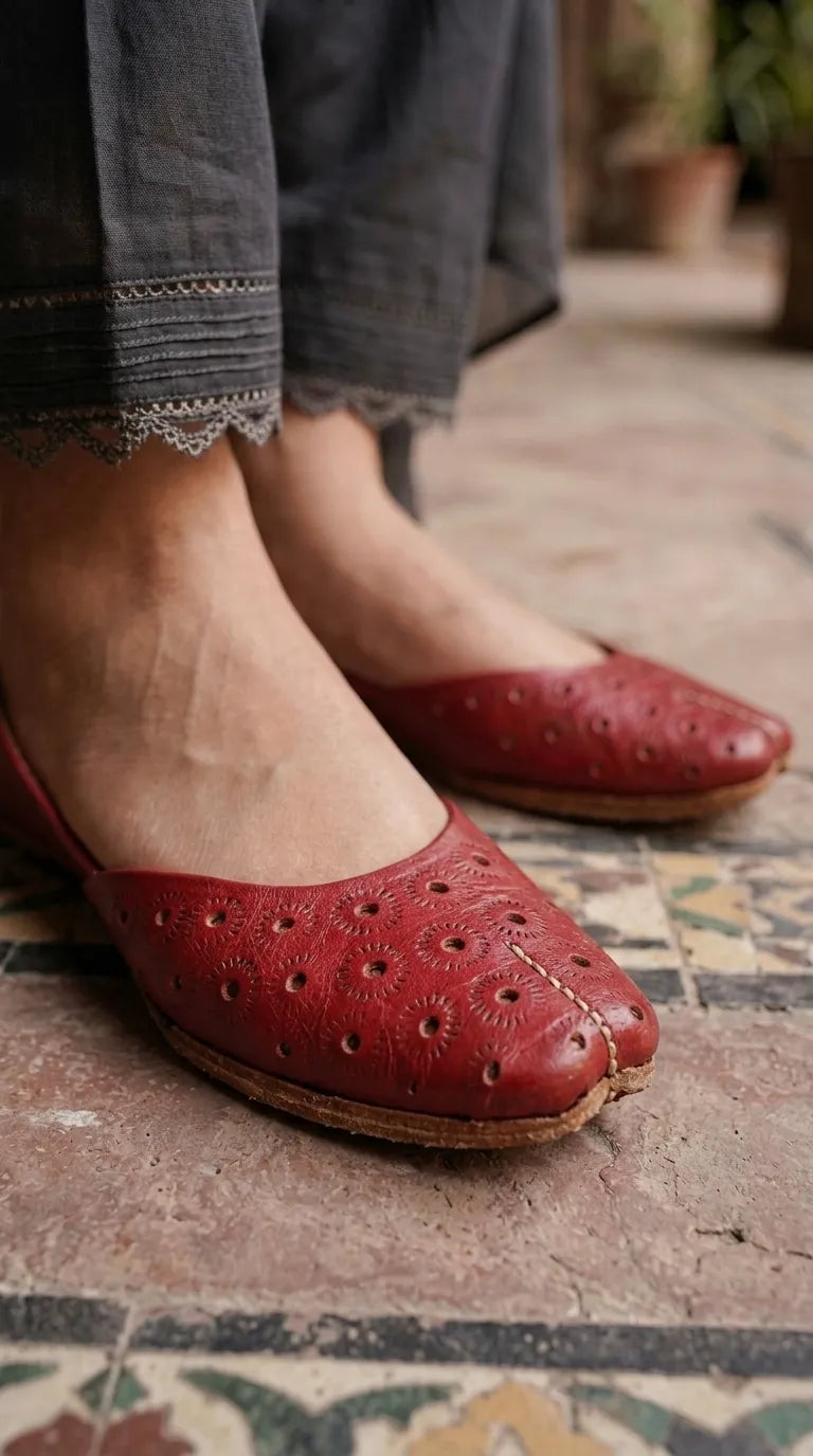 Red Leather Khussa For Ladies EC8930