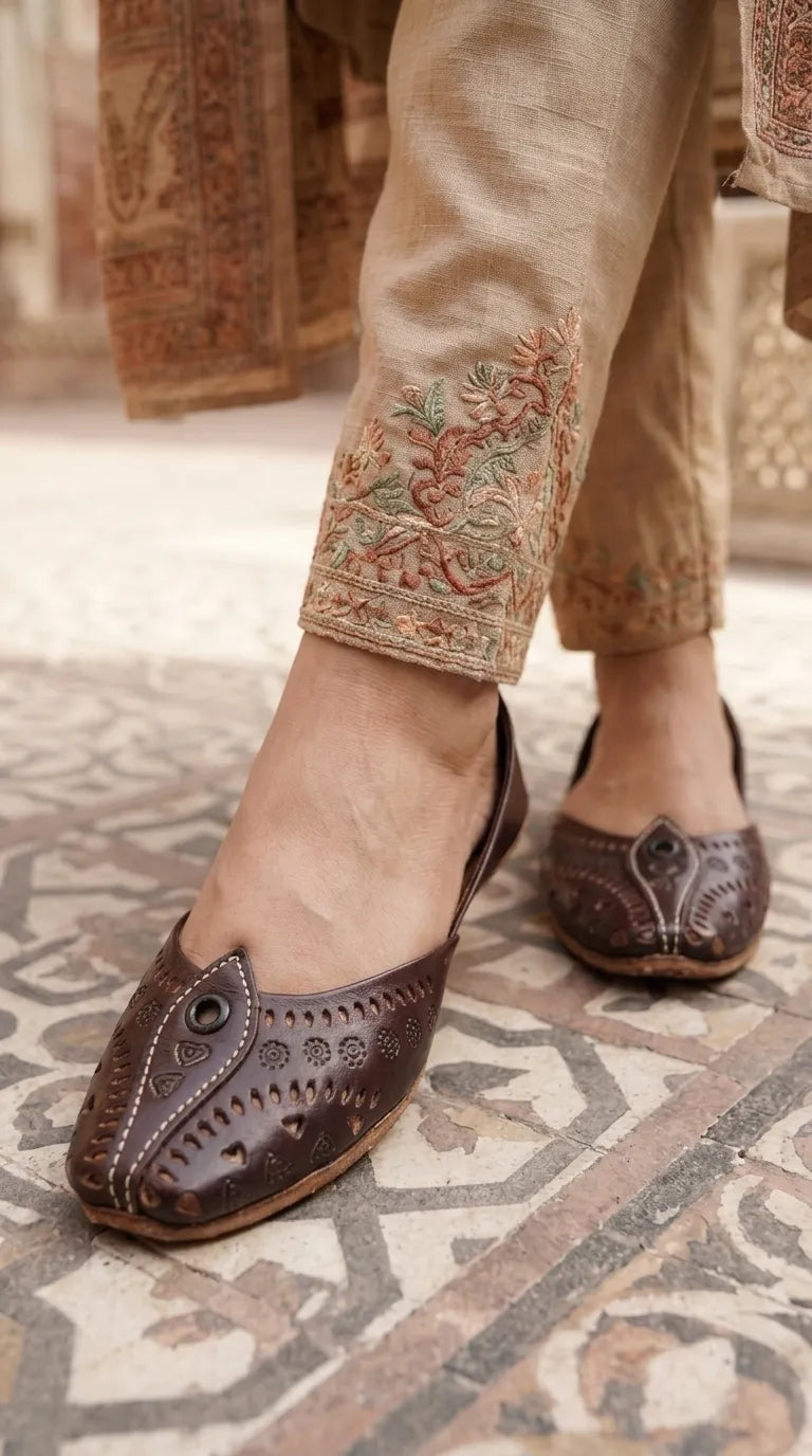 Coffee Leather Khussa For Ladies EC8932