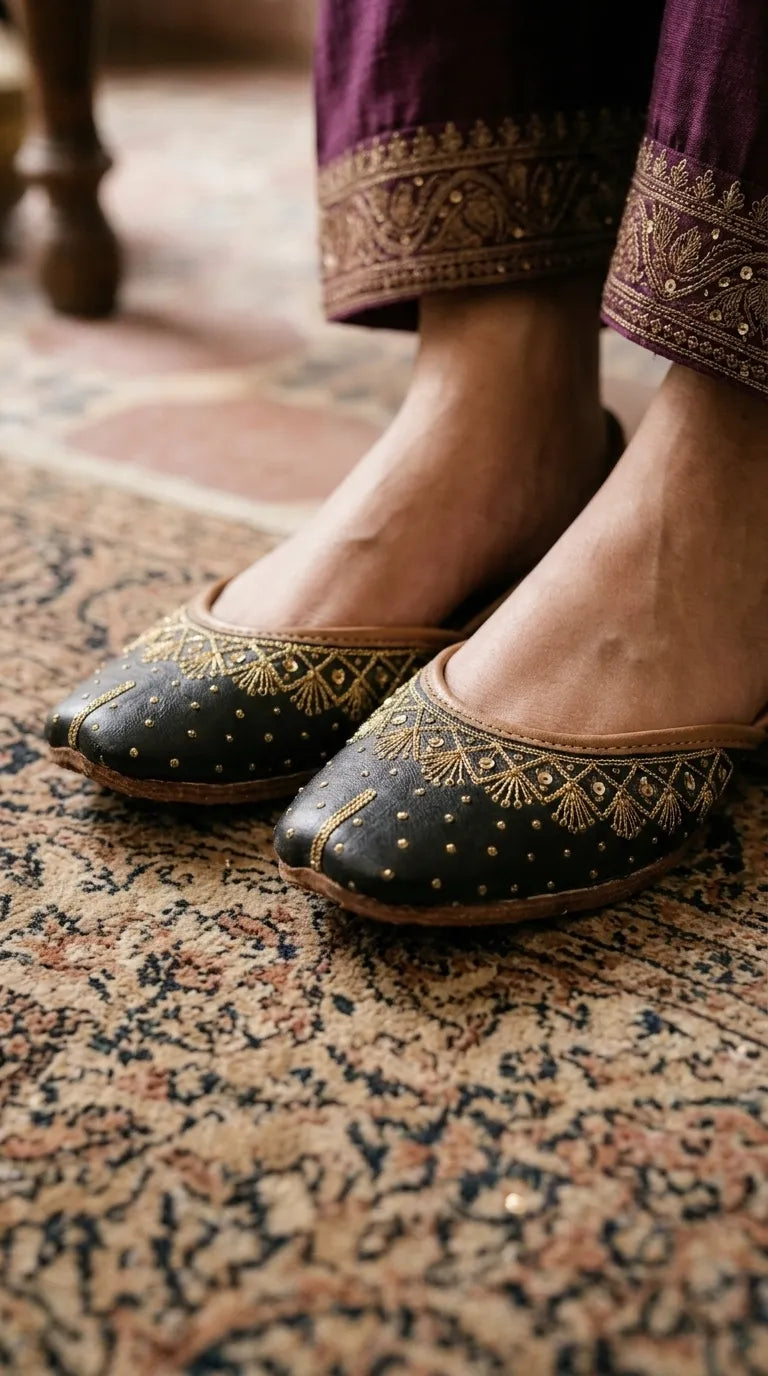 Black Leather Khussa For Ladies EC8936