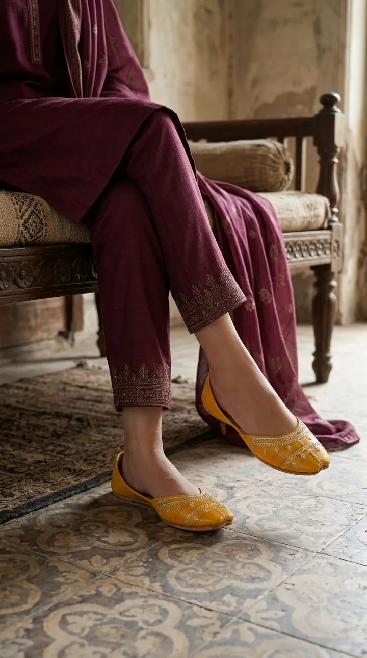 Yellow Leather Khussa For Ladies EC8938