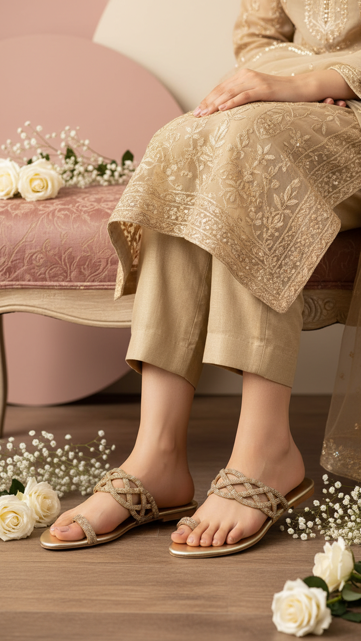 Golden Fancy Chappal For Women FN0804