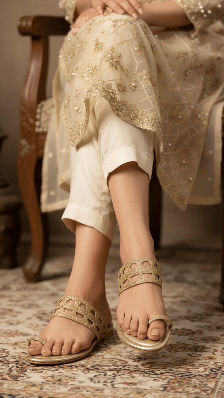 Golden Fancy Chappal For Women FN0816