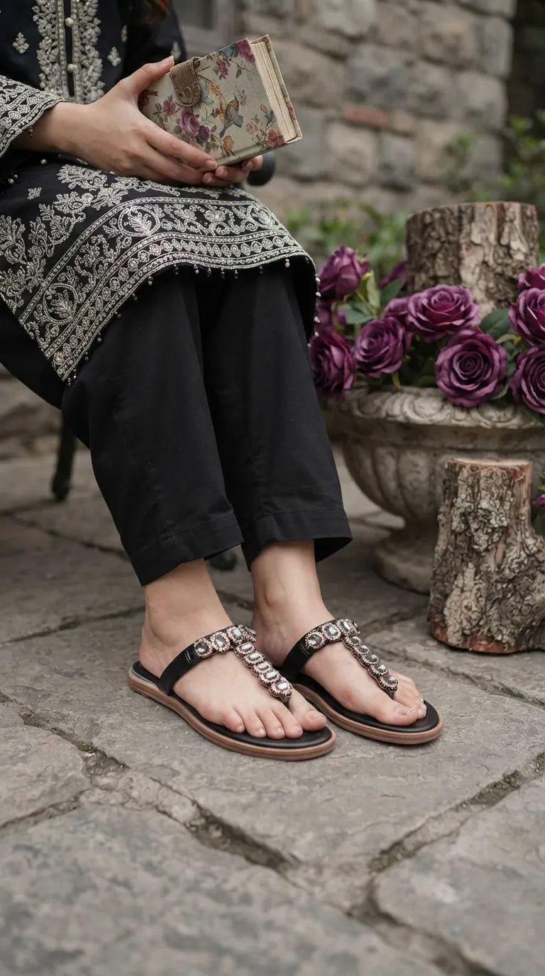 Black Fancy Chappal For Ladies FN0852