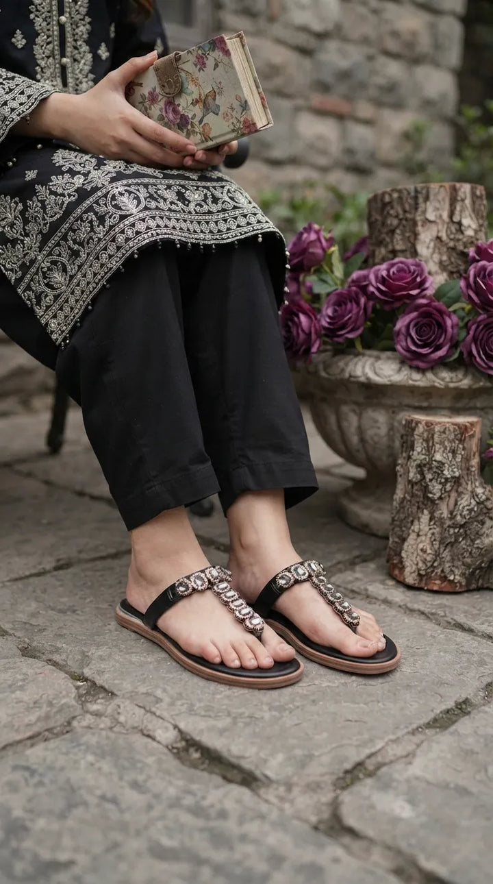 Black Fancy Chappal For Ladies FN0852