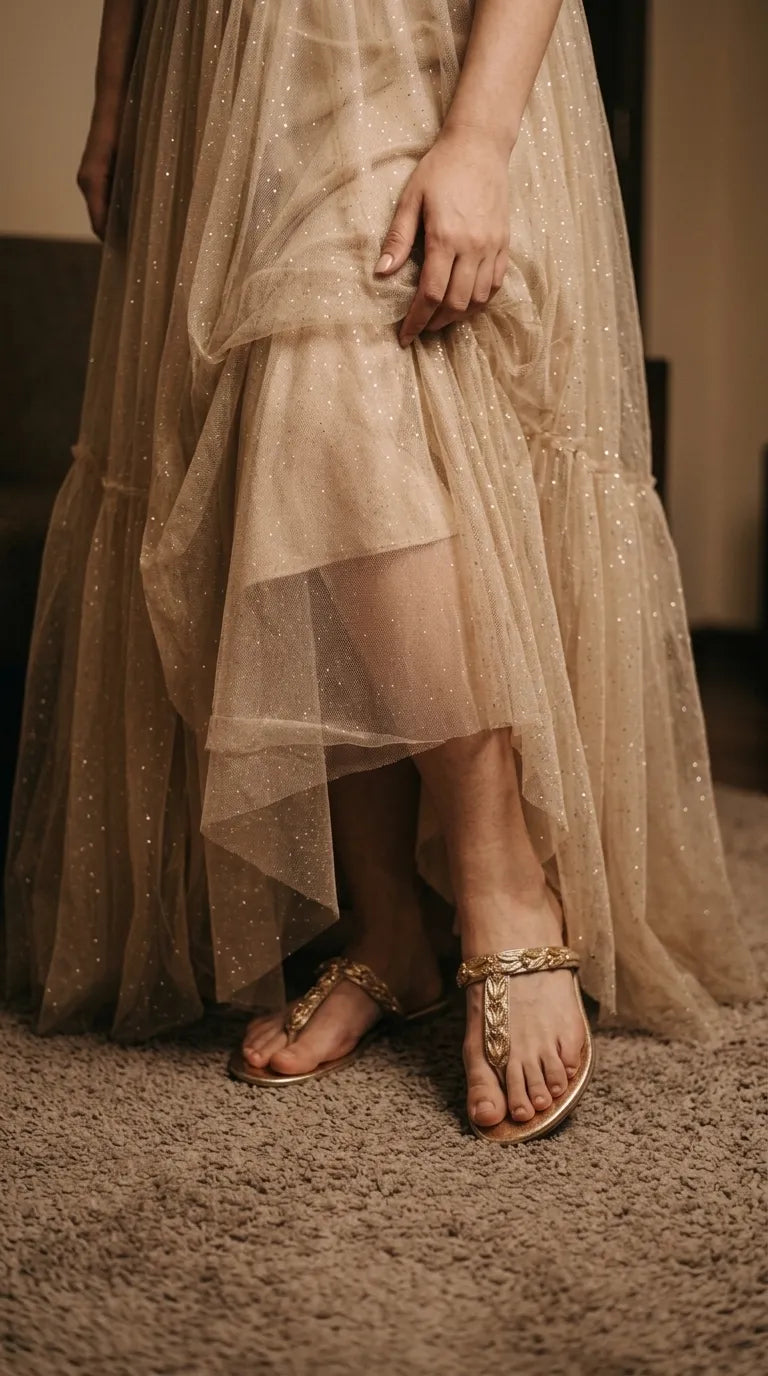 Golden Fancy Chappal For Ladies FN0854