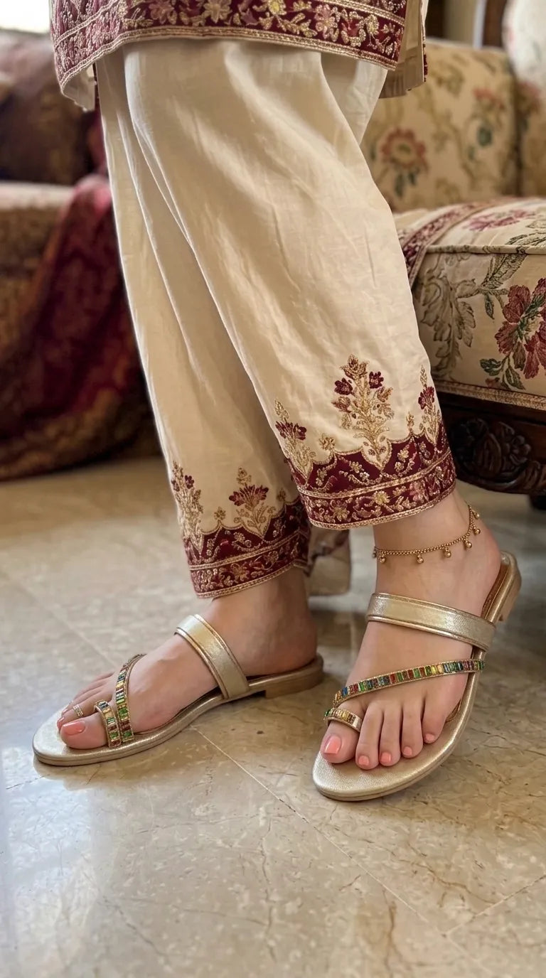 Golden Fancy Chappal For Women FN0864