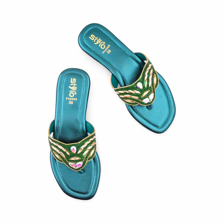 Green Fancy Chappal For Ladies FN0869