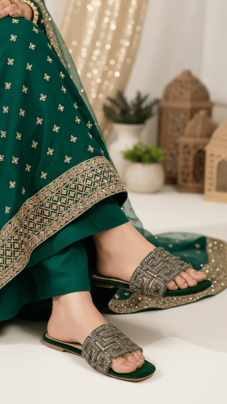 Green Fancy Slipper For Women FN8040