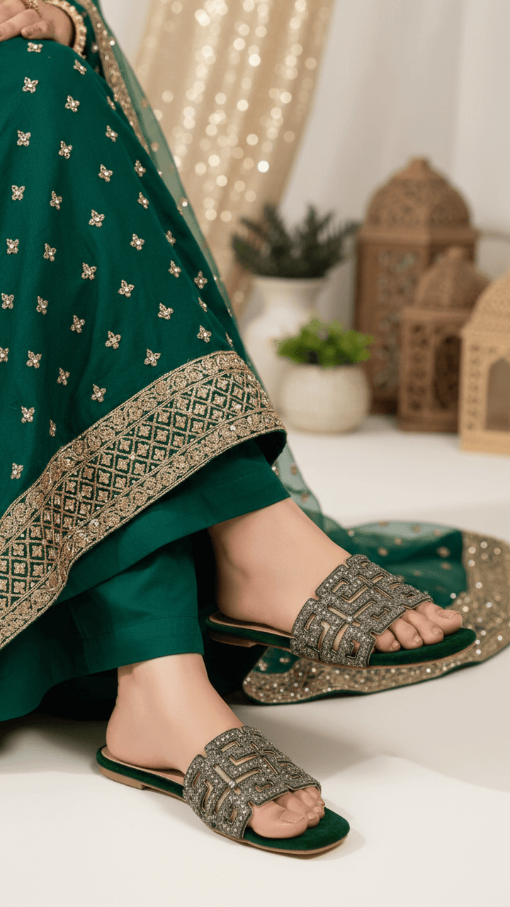 Green Fancy Slipper For Women FN8040