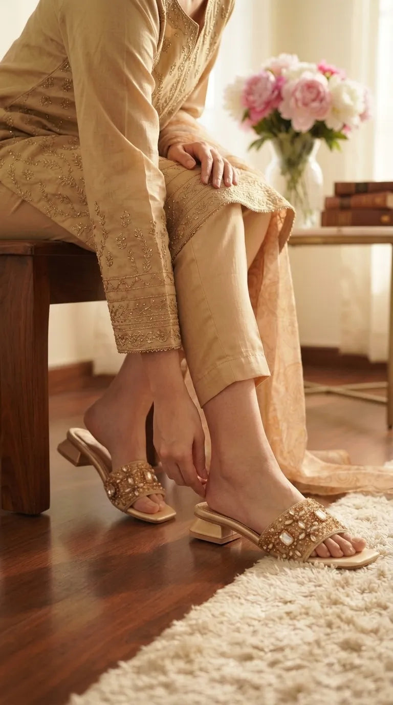 Golden Fancy Slipper For Ladies FN8233