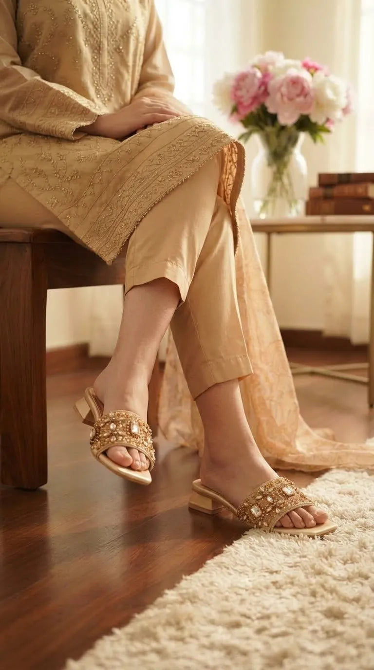 Golden Fancy Slipper For Ladies FN8233