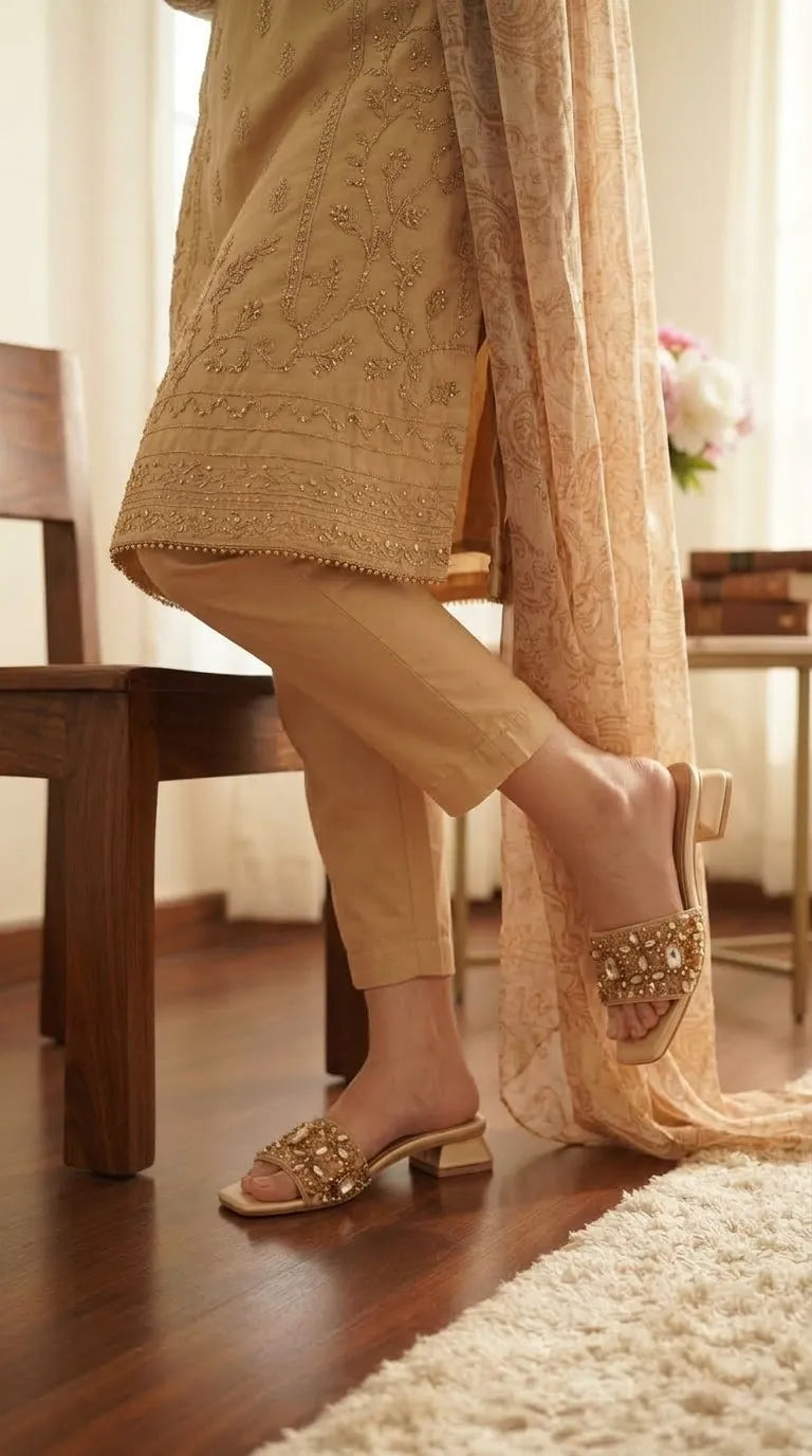 Golden Fancy Slipper For Ladies FN8233