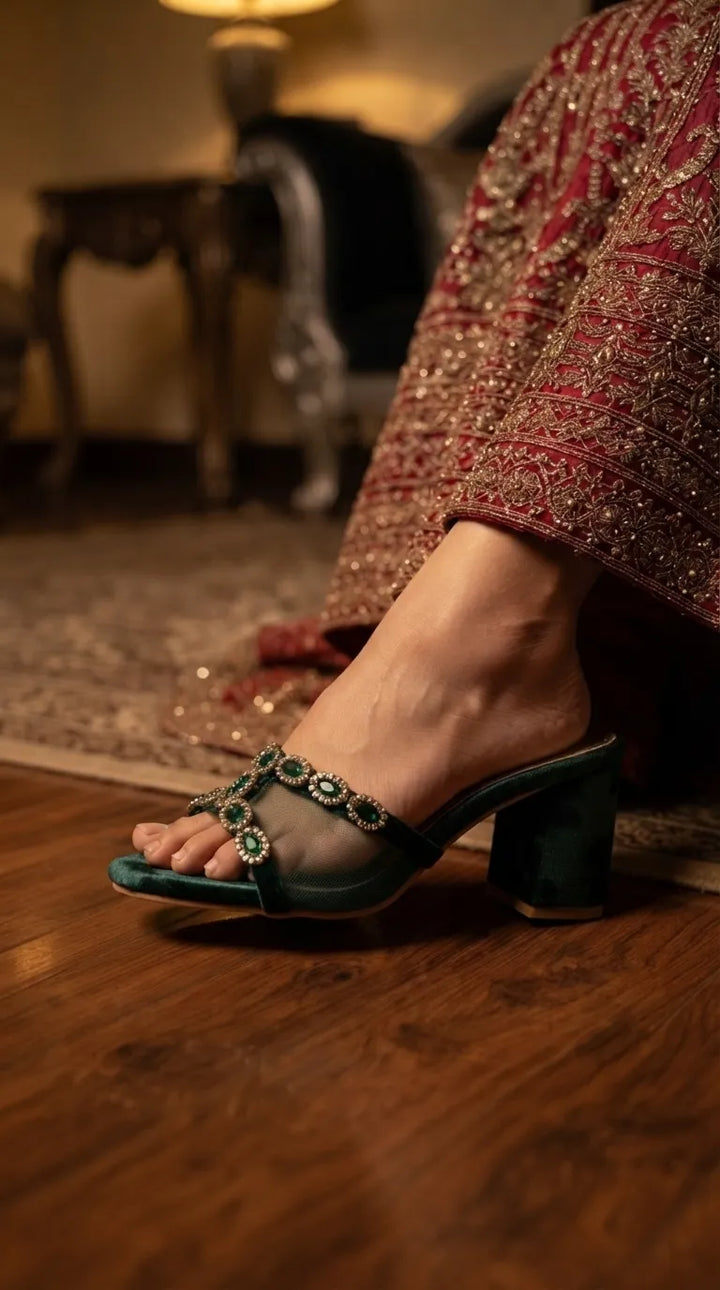 Green Fancy Slipper For Women FN8267