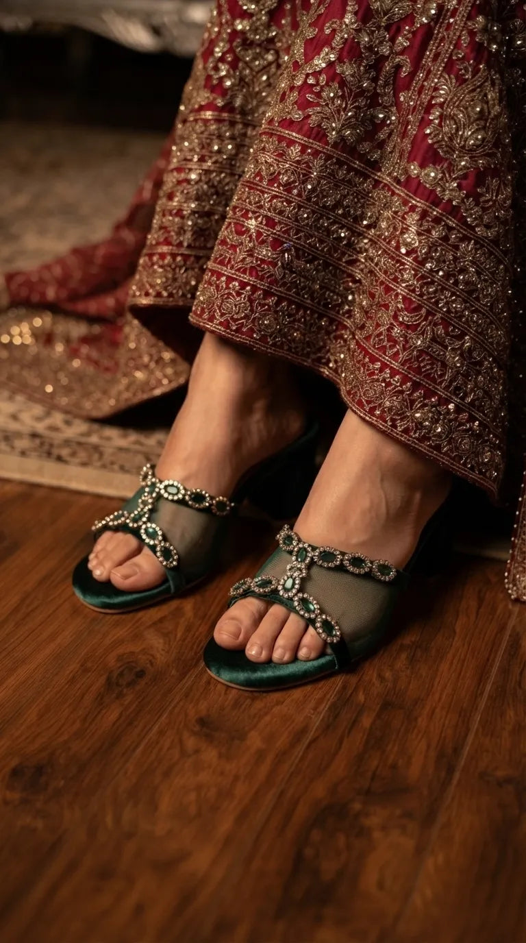 Green Fancy Slipper For Women FN8267