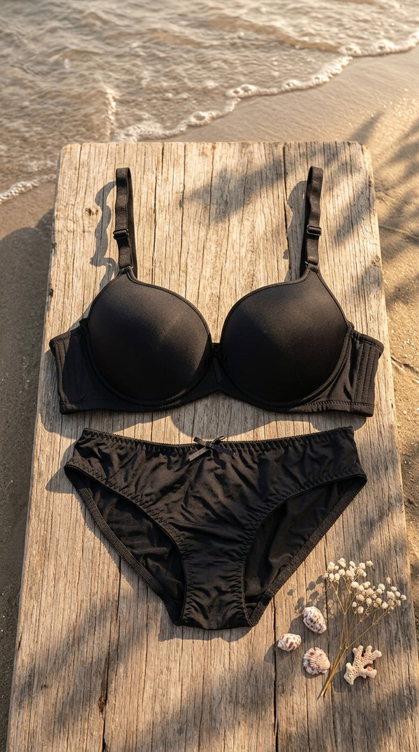 Black Padded Bra Set For Women LB5445