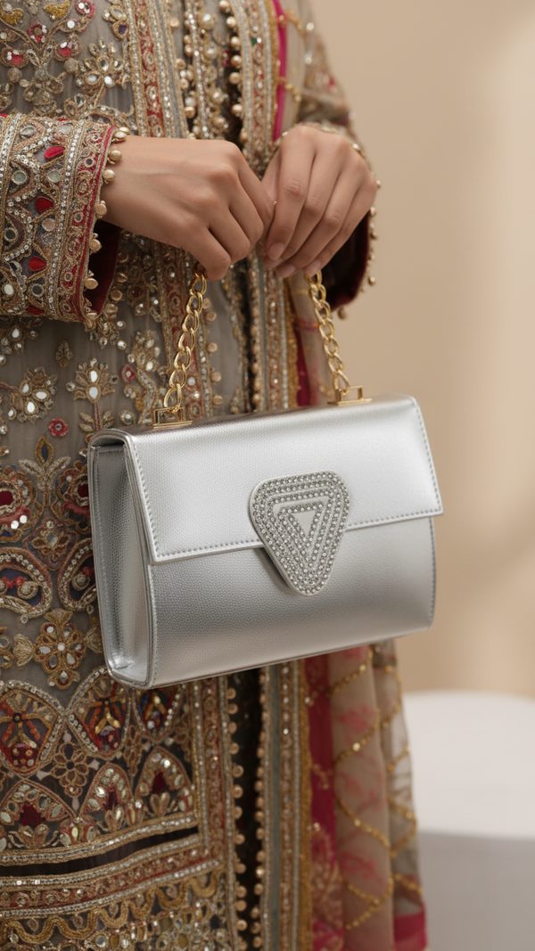 Silver Fancy Clutch For Women P15694