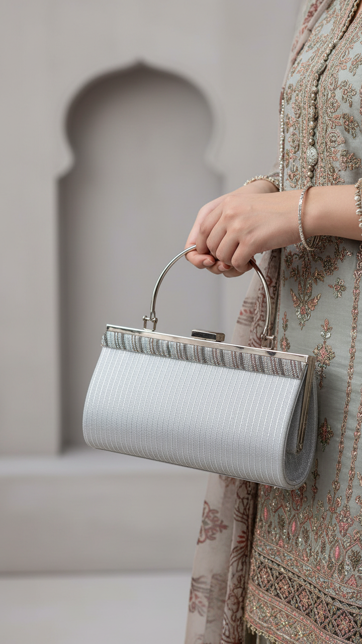 Silver Fancy Clutch For Women P15695